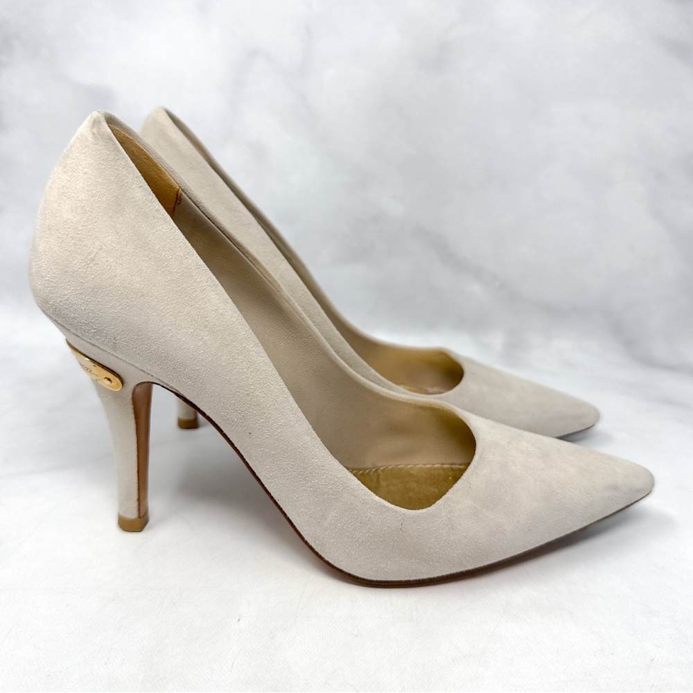 Louis Vuitton Vintage Y2K Suede Metal Logo Pointed Toe Stiletto Heel Pumps 34